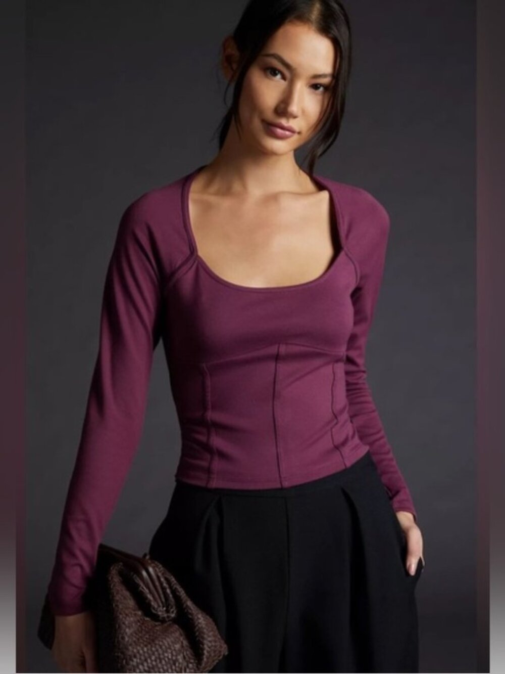 Anthropologie Maeve Maroon Scoop Round Neck Long Sleeve Cropped Top